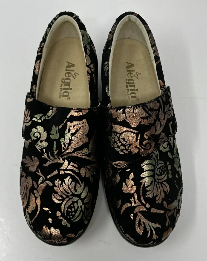 Alegria Lauryn Black Metallic Bronze Floral Clogs Women Sz 40/ 9-9.5