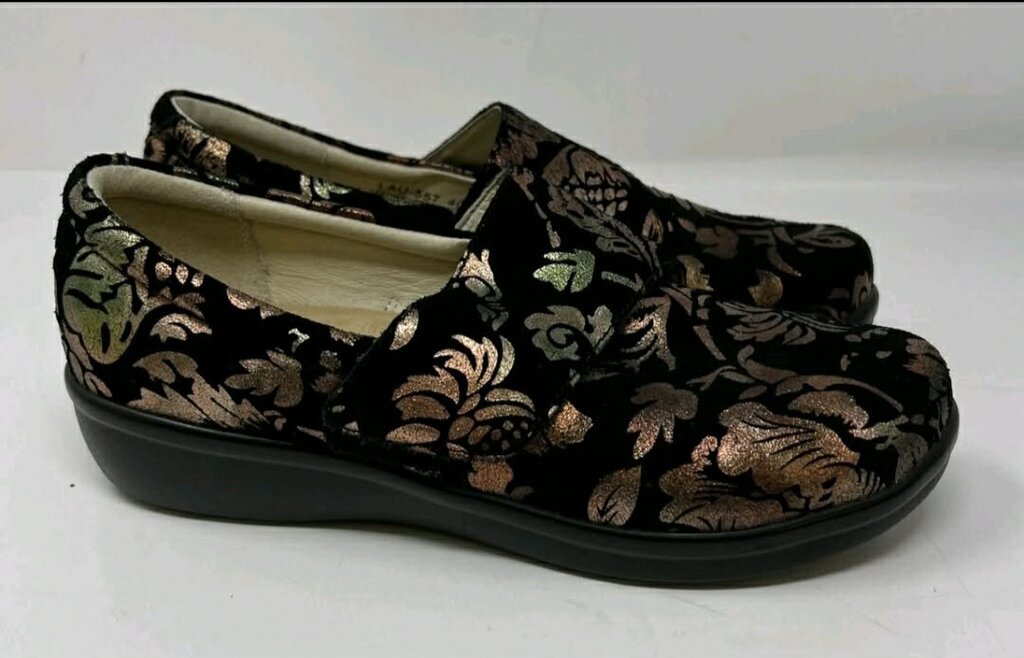 Alegria Lauryn Black Metallic Bronze Floral Clogs Women Sz 40/ 9-9.5