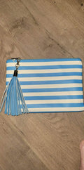 blue and white striped clutch