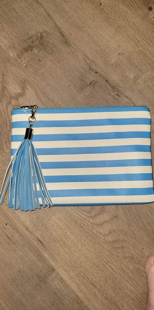 blue and white striped clutch