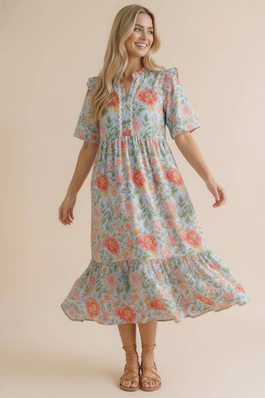 Plus Size Ric Rac Floral Babydoll Dress – Light Blue/Coral, 3X