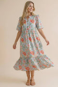 Plus Size Ric Rac Floral Babydoll Dress – Light Blue/Coral, 2X
