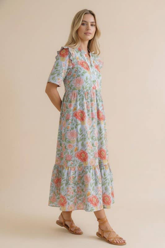 Plus Size Ric Rac Floral Babydoll Dress – Light Blue/Coral, 3X