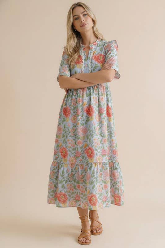 Plus Size Ric Rac Floral Babydoll Dress – Light Blue/Coral, 1X