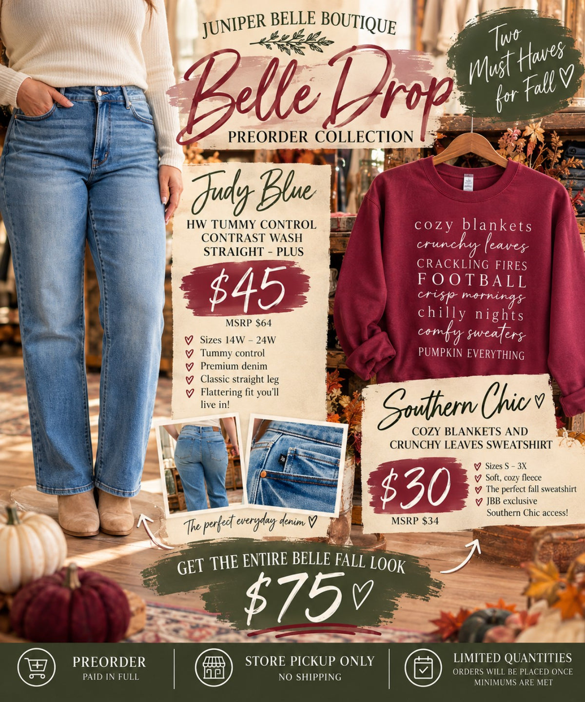 Belle Drop preorder collection; sweatshirt $30, available XL, 2X and 3X