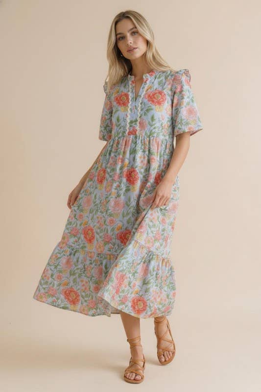 Plus Size Ric Rac Floral Babydoll Dress – Light Blue/Coral, 1X