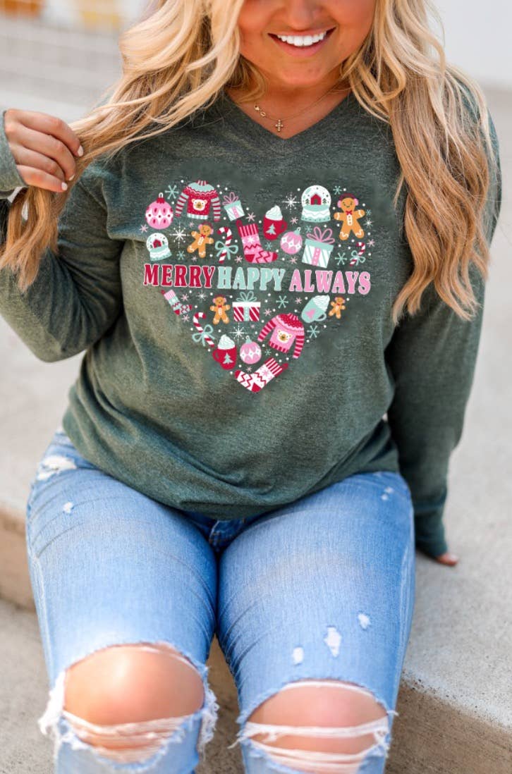 K&C Merry Happy Always - LS  (Moss): 2XL